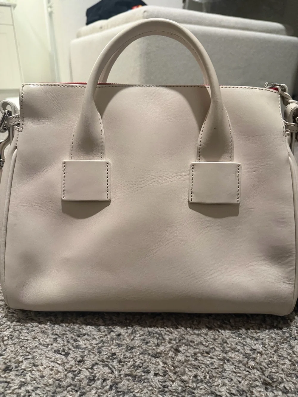 Dooney & Bourke Cream Leather Satchel with Front Pocket and Top Handles